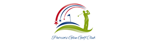 Patriots Glen Golf Club logo with image of golfer following through after swing. Two red stars and a blue star arc across the sky to the left, leaving colored trails behind.