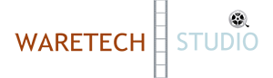 WareTech Studio logo with a film negative separating the words and a film spool in the top right corner